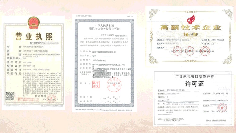 中旗网络历史资质档案：营业执照、增值电信业务经营许可证、高新技术企业证书、广播电视节目制作经营许可证